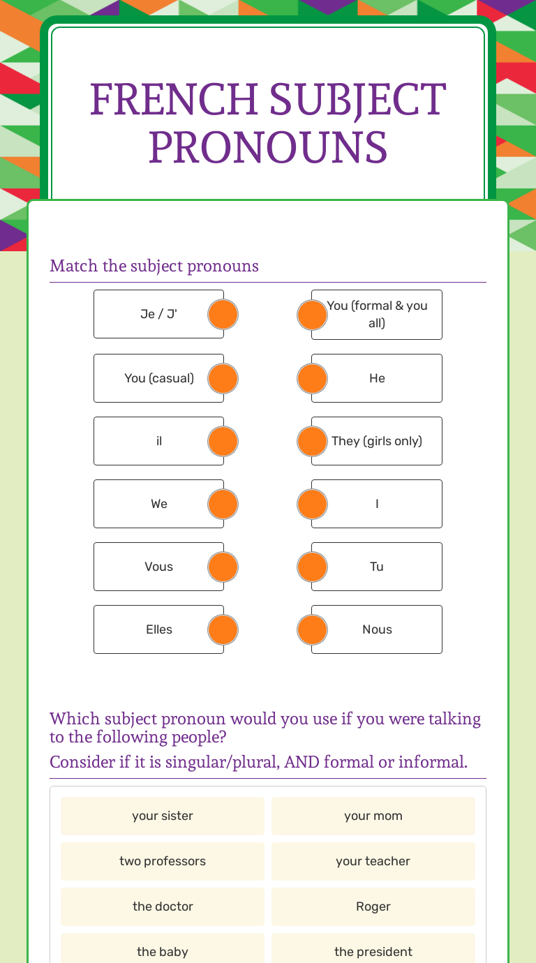French Subject Pronouns Interactive Worksheet By Jessica Brenton Wizer me