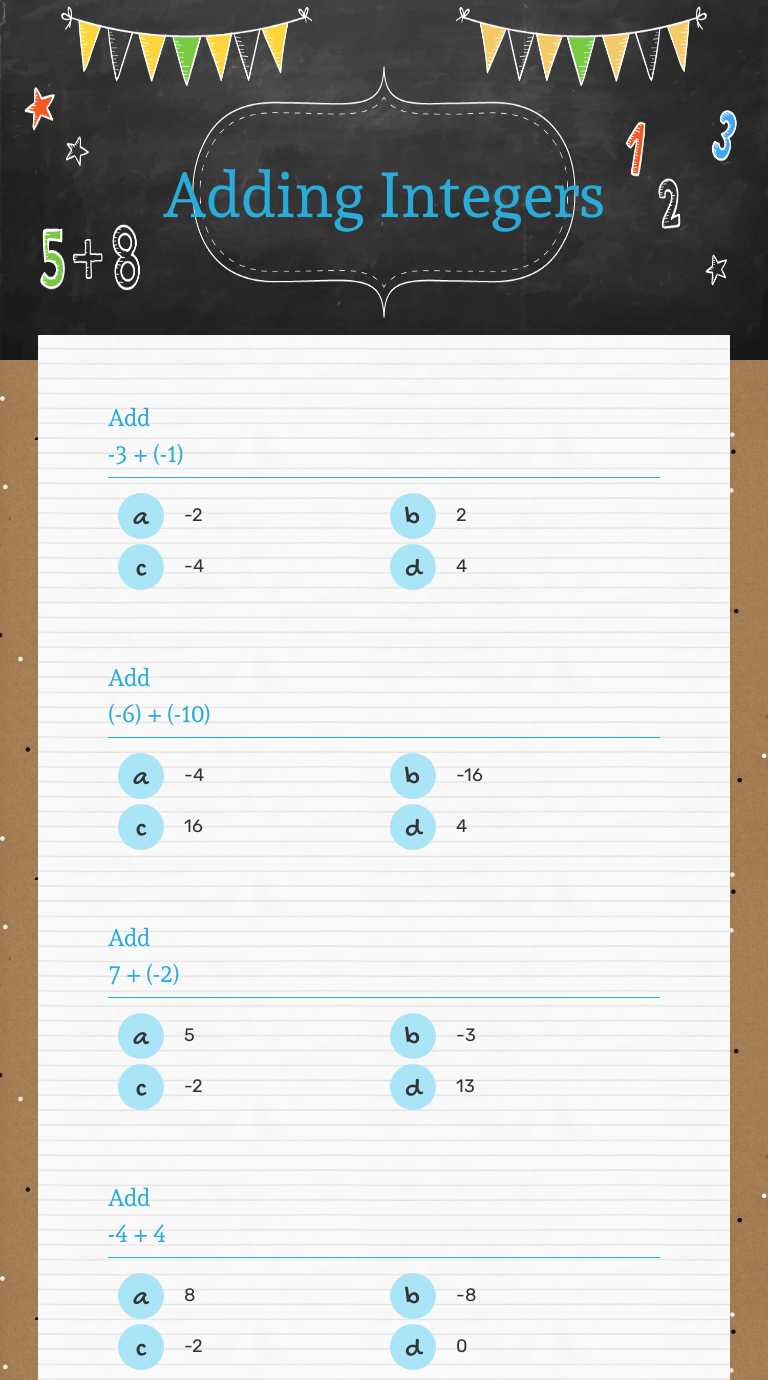 Adding Integers worksheet preview image