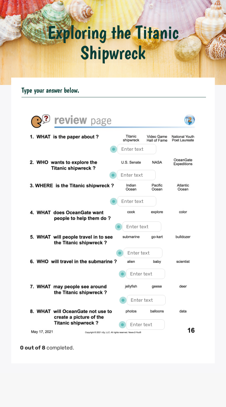 Exploring the Titanic Shipwreck worksheet preview image