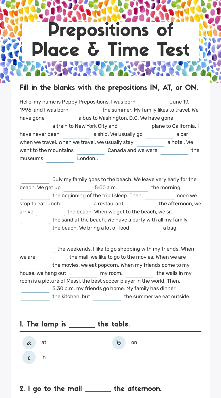 Prepositions of Place & Time Test worksheet preview image