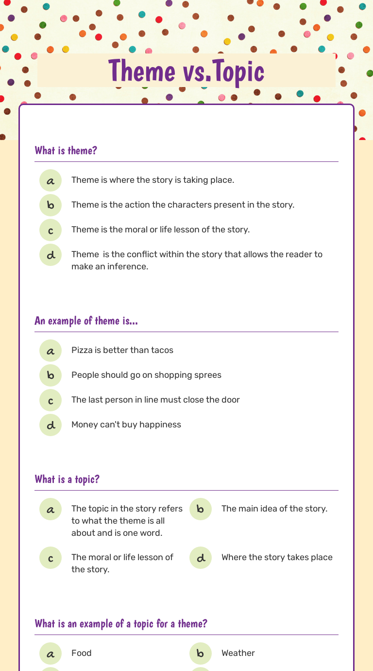 Theme vs.Topic  Interactive Worksheet by Ashley Medina  Wizer.me For I Vs Me Worksheet