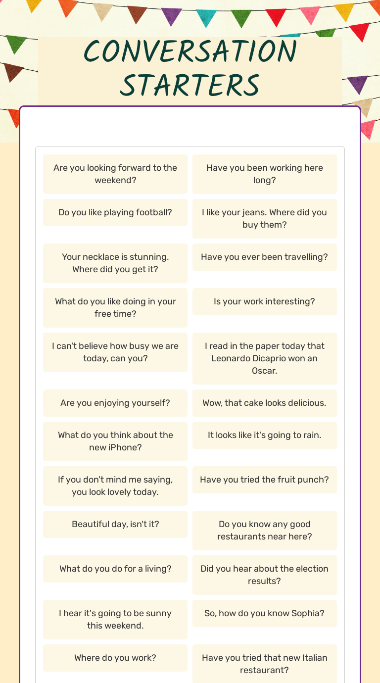 CONVERSATION STARTERS worksheet preview image