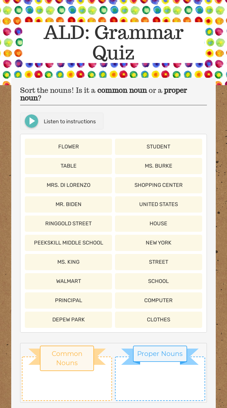 ALD: Grammar Quiz Grade 1 worksheet preview