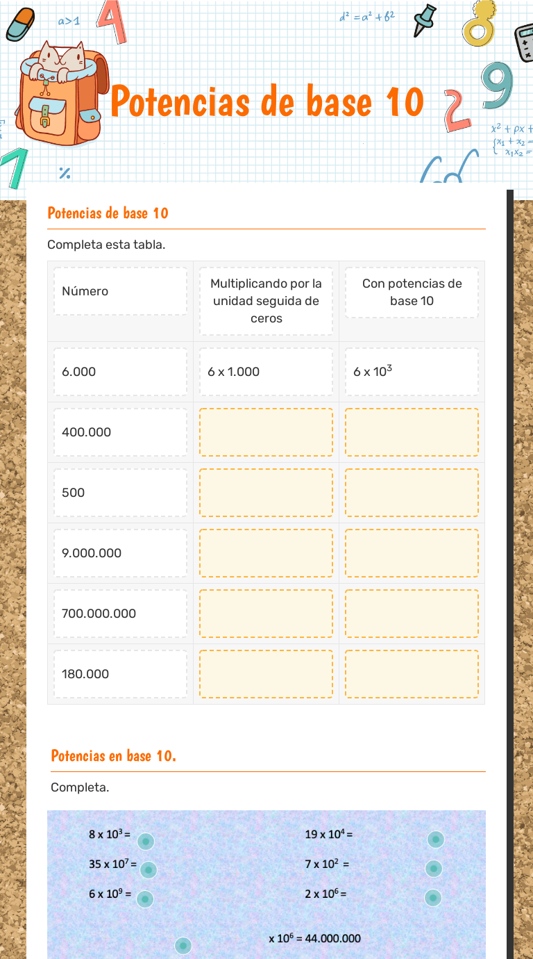 Potencias de base 10 worksheet preview image