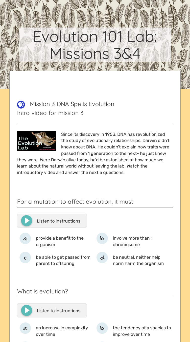 Evolution 101 Lab: Missions 3&4 worksheet