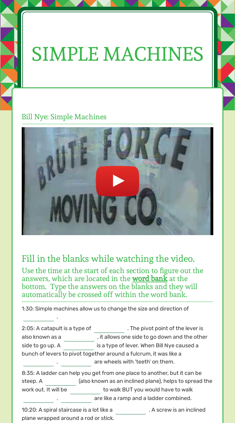 Simple Machines  Interactive Worksheet by Brock Hoover  Wizer.me With Bill Nye Simple Machines Worksheet