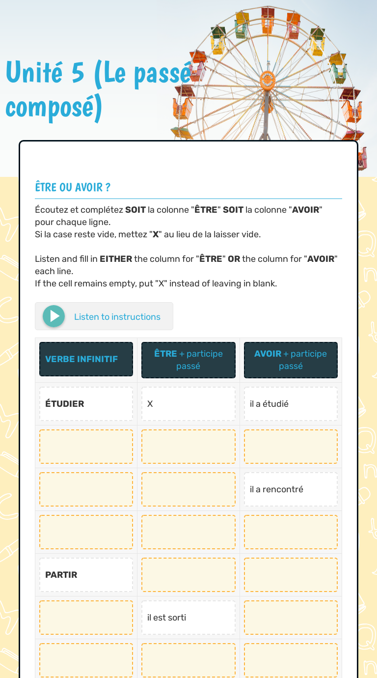 Unité 5
(Le passé composé) worksheet preview image