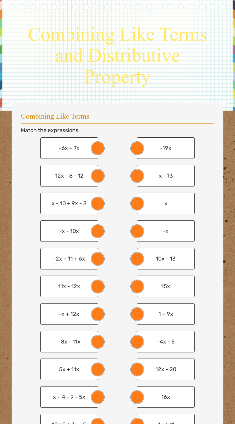 Combining Like Terms and Distributive Property Interactive Worksheet