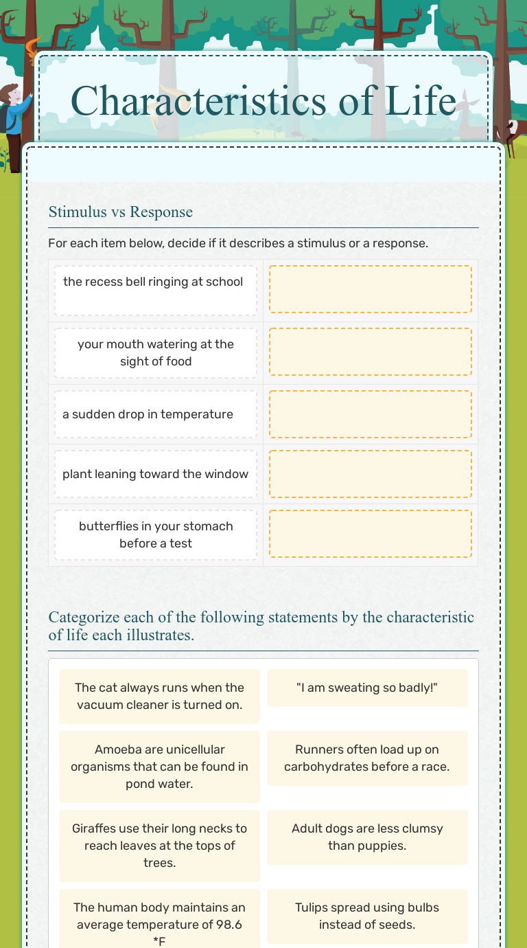 Characteristics of Life worksheet preview image