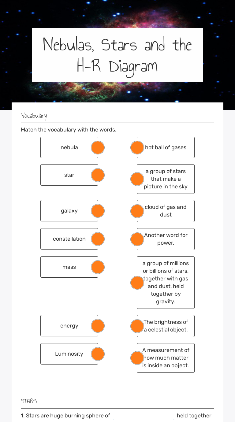 Nebulas, Stars and the HR Diagram Interactive Worksheet by Katherine