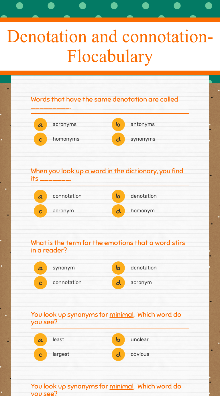 Denotation and connotation- Flocabulary  Interactive Worksheet by Throughout Denotation And Connotation Worksheet