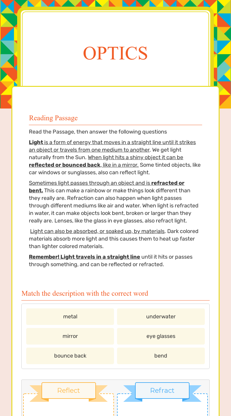 Optics Interactive Worksheet by Catherine Morandin Wizer.me