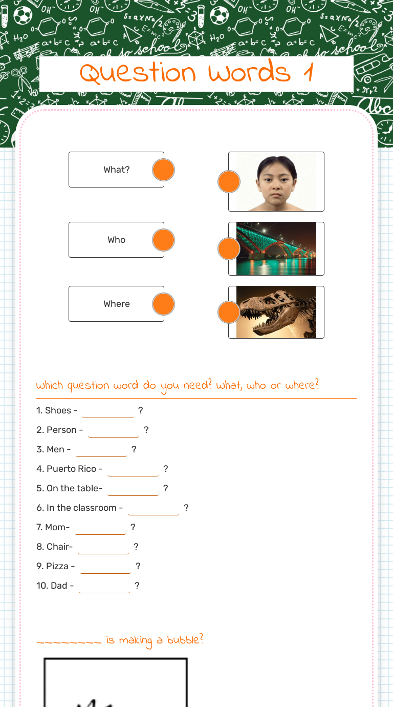 Question Words 1 Preschool worksheet preview