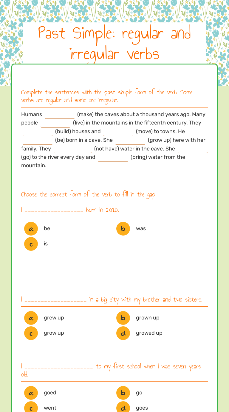 Past Simple: regular and irregular verbs worksheet preview image