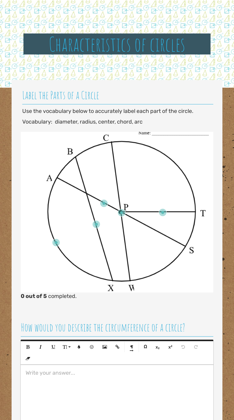 Characteristics of circles  Interactive Worksheet by Bridgette Inside Parts Of A Circle Worksheet