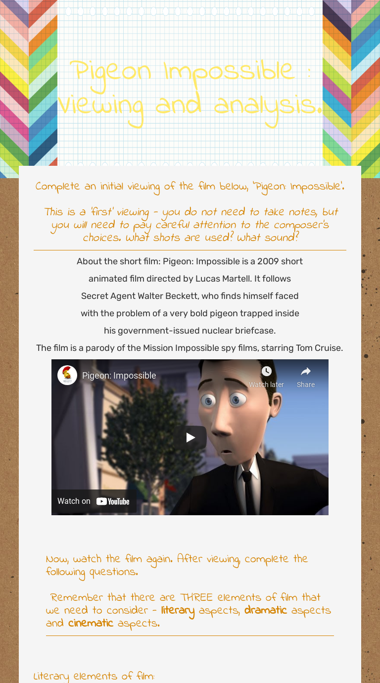 Pigeon Impossible : Viewing and analysis. worksheet preview