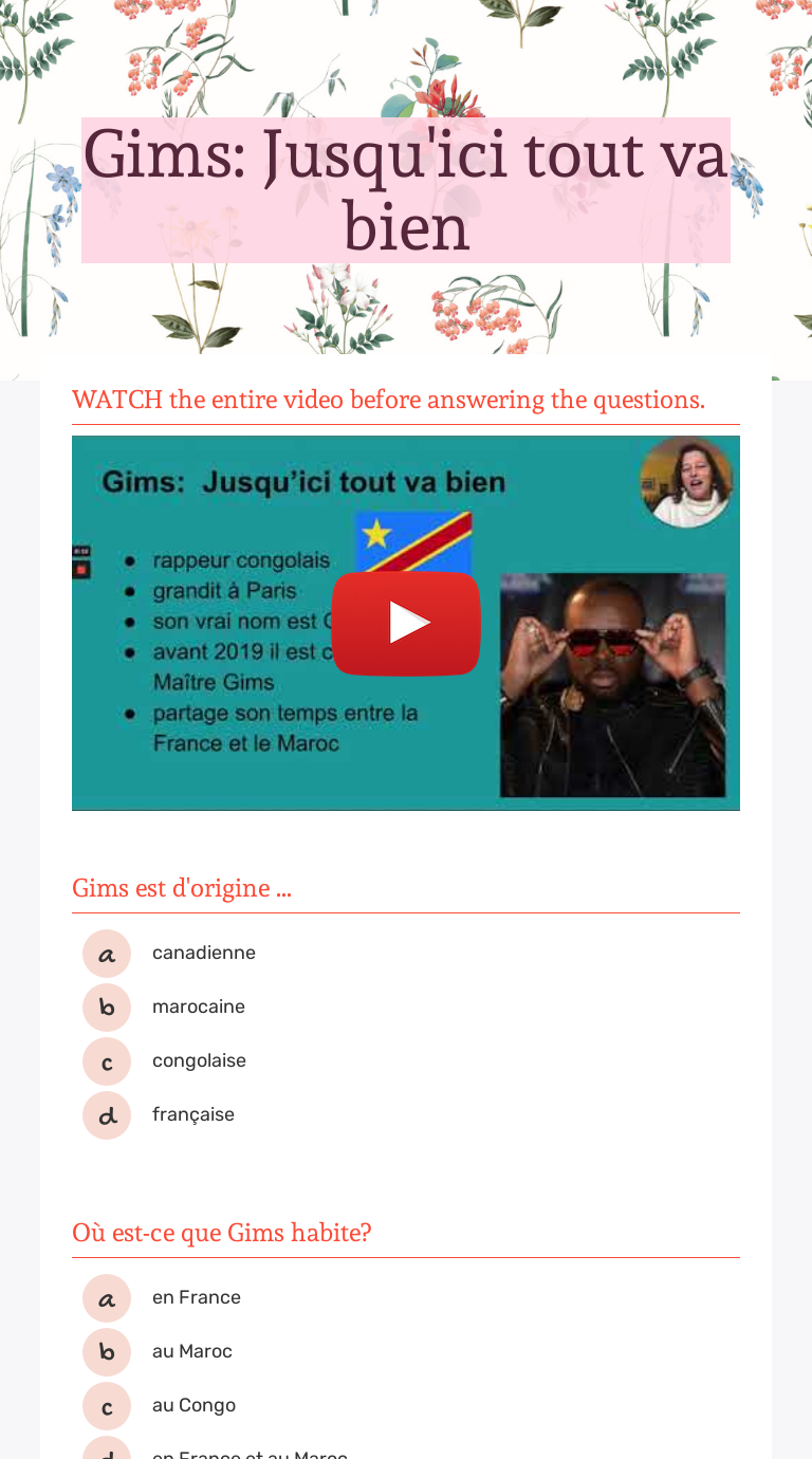 Gims:  Jusqu'ici tout va bien worksheet preview image