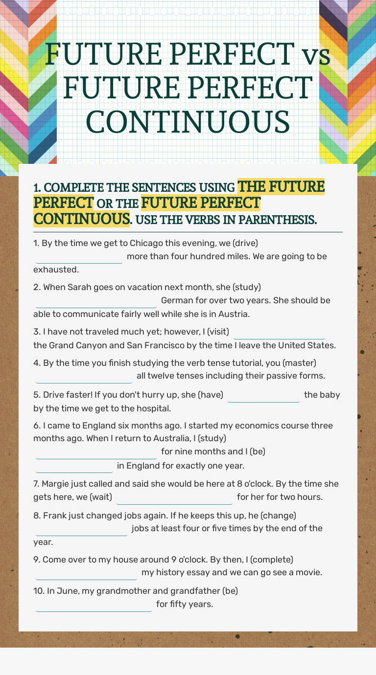 FUTURE PERFECT  vs FUTURE PERFECT CONTINUOUS Other worksheet preview