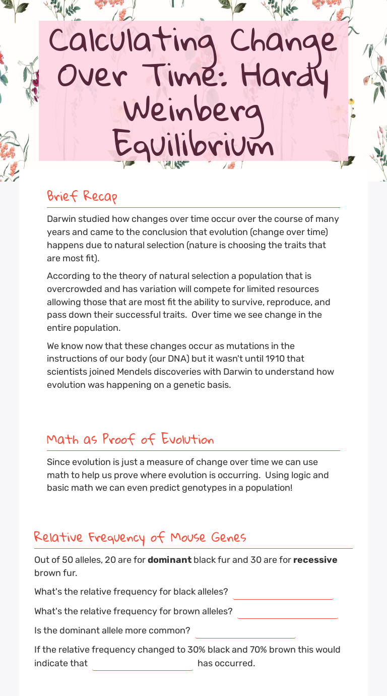 Calculating Change Over Time Hardy Weinberg Equilibrium Interactive Worksheet By Tandi Carignan Wizer Me