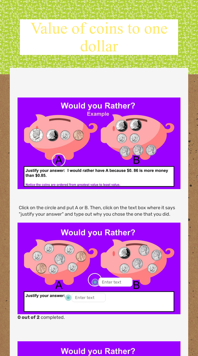 Value of coins to one dollar worksheet preview image