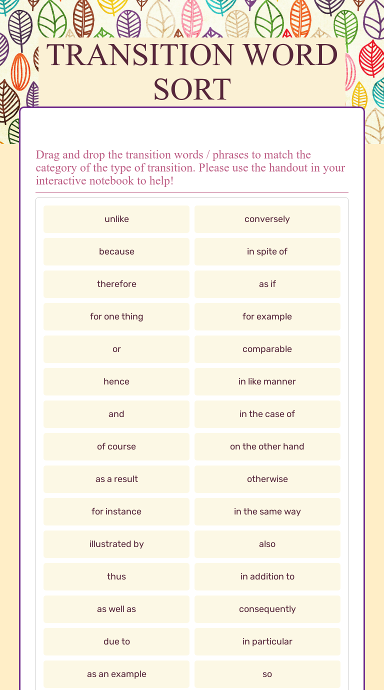 TRANSITION WORD SORT Interactive Worksheet by Deanna Harris Wizer.me