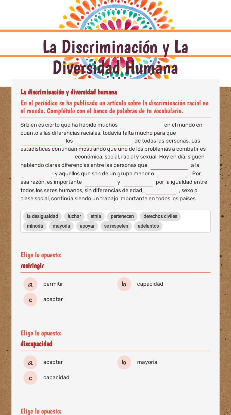 La Discriminación y         La Diversidad Humana worksheet preview image