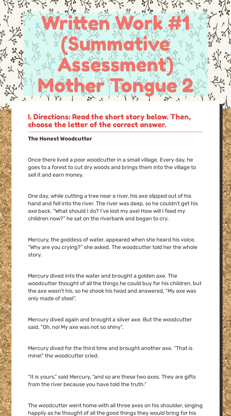 Written Work #1 (Summative Assessment) Mother Tongue 2 worksheet preview image