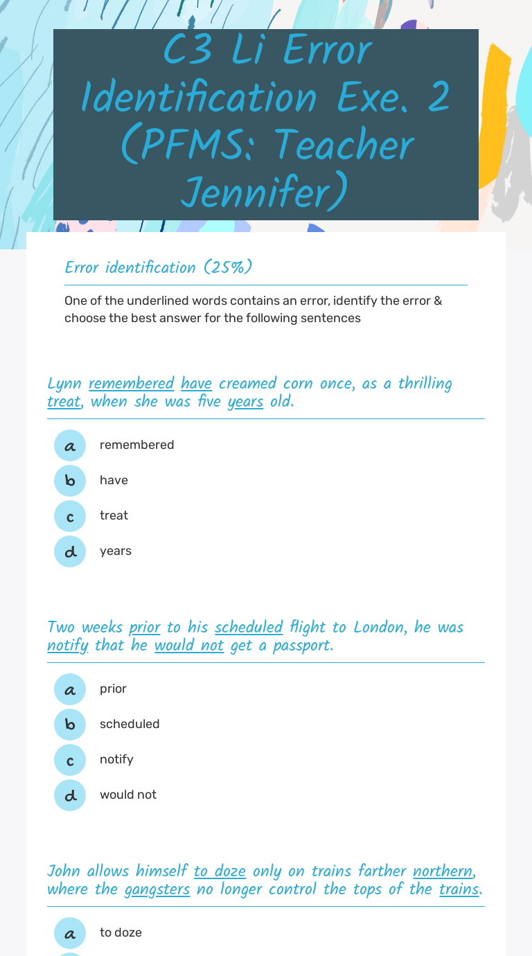 C3 Li Error Identification Exe. 2 (PFMS: Teacher Jennifer) worksheet preview image
