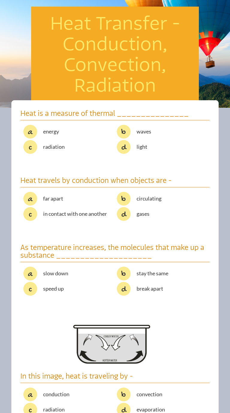 Heat Transfer - Conduction, Convection, Radiation worksheet preview image