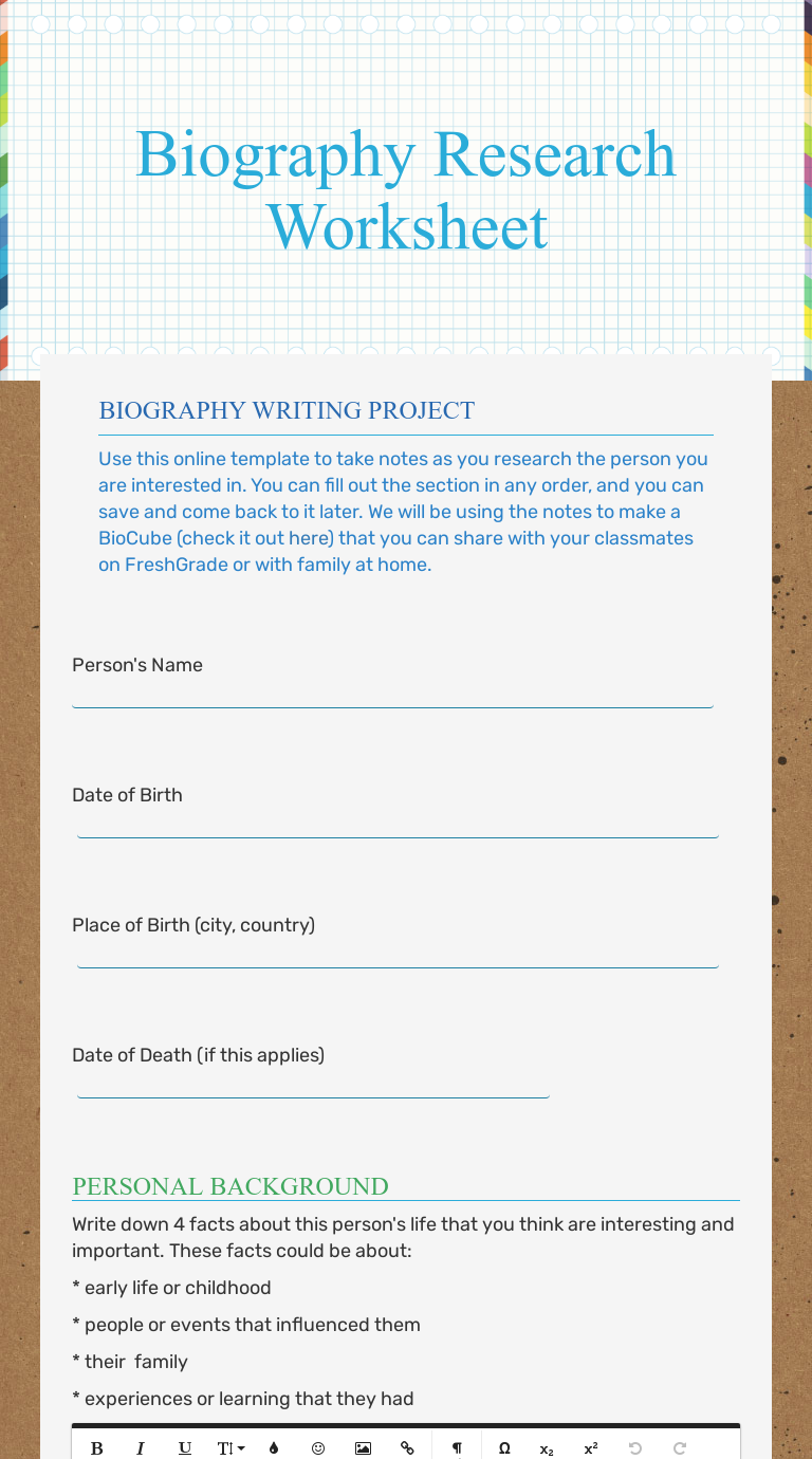 Biography Research Worksheet | Interactive Worksheet by Vicky Ma | Wizer.me