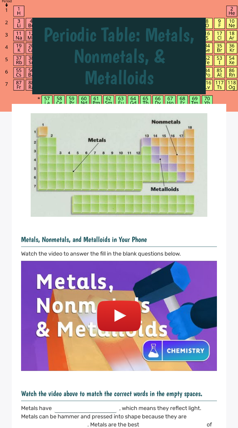 Periodic Table: Metals, Nonmetals, & Metalloids  Interactive Regarding Metals Nonmetals And Metalloids Worksheet