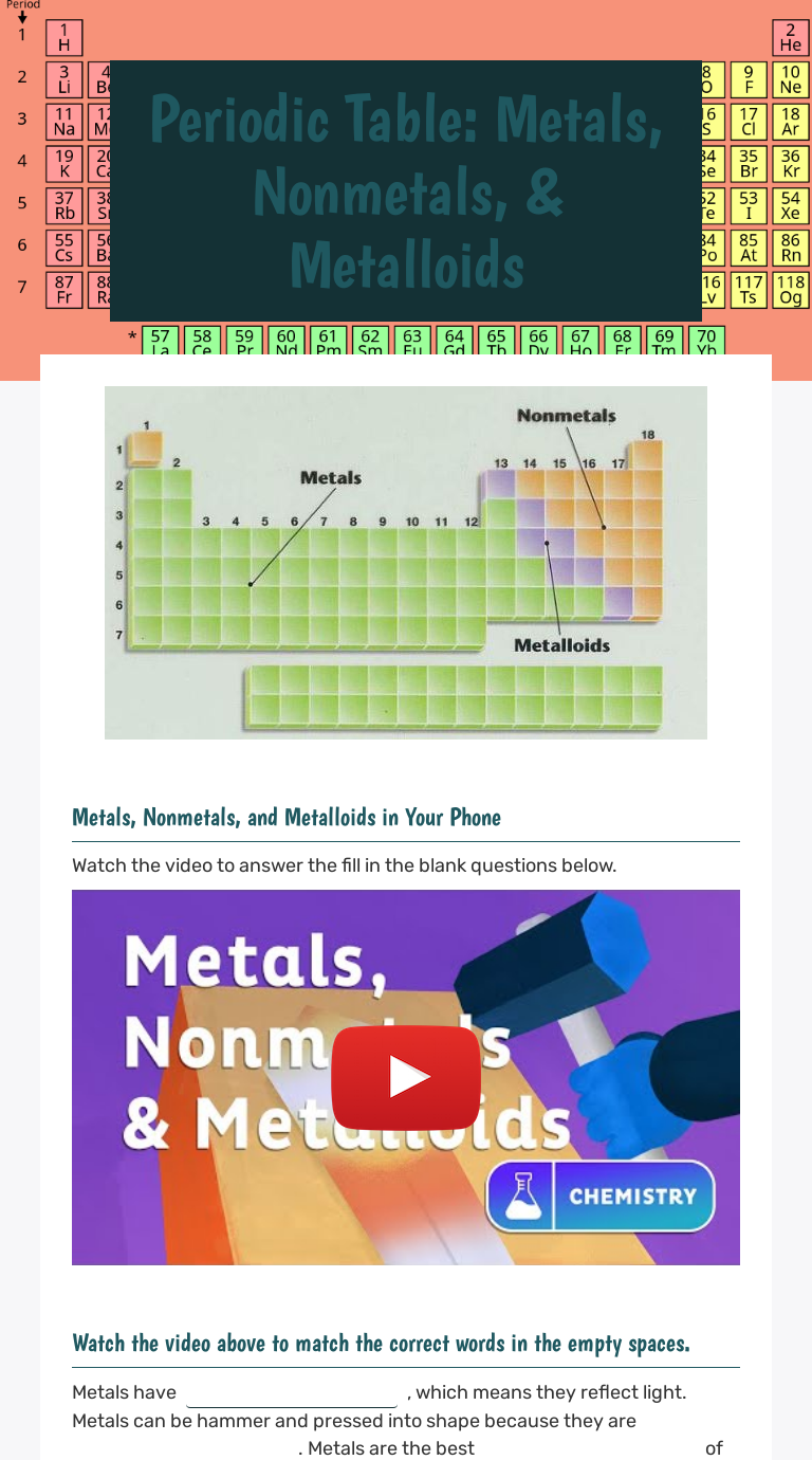 Periodic Table: Metals, Nonmetals, & Metalloids  Interactive With Metals Nonmetals And Metalloids Worksheet