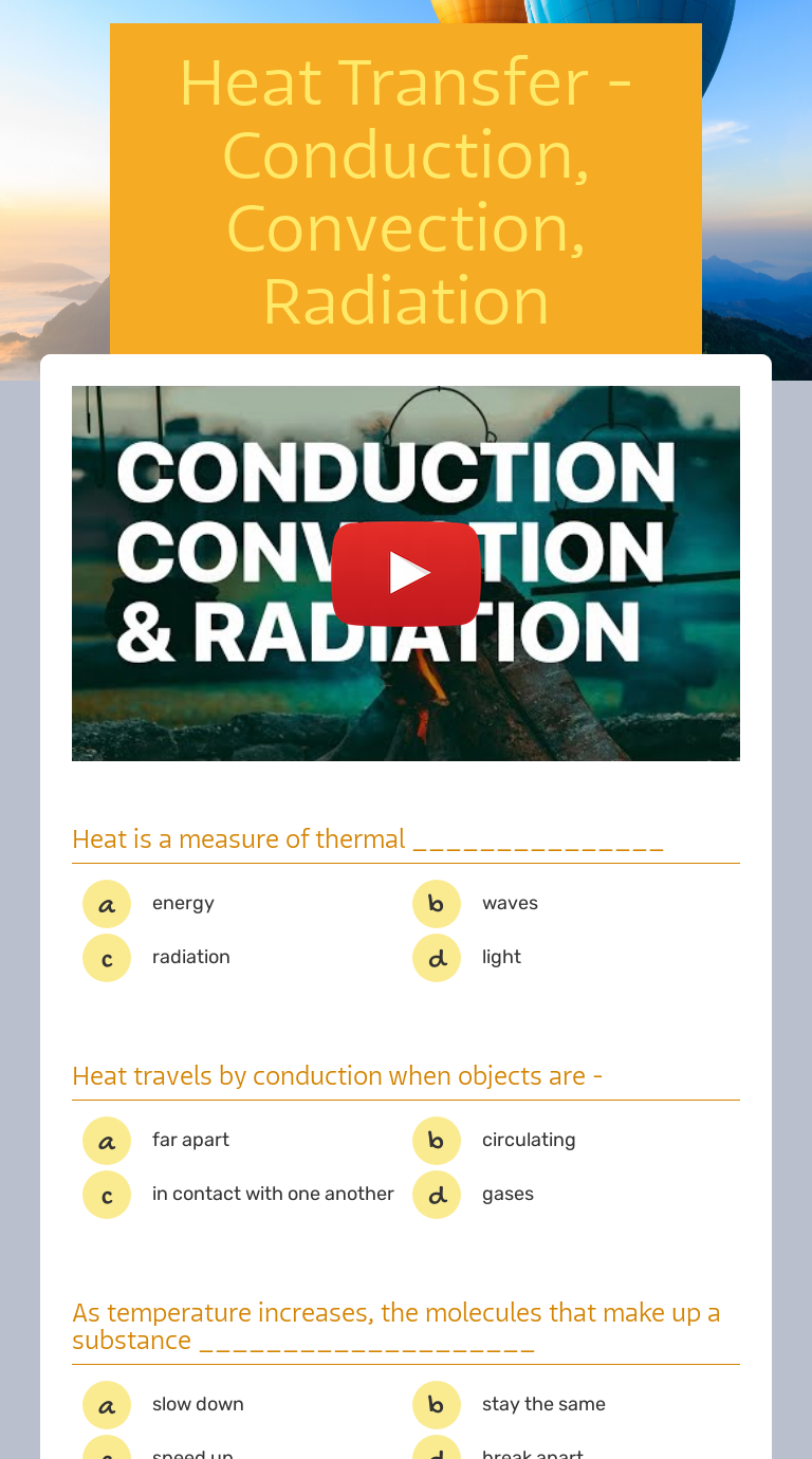Heat Transfer - Conduction, Convection, Radiation Grade 9 worksheet preview