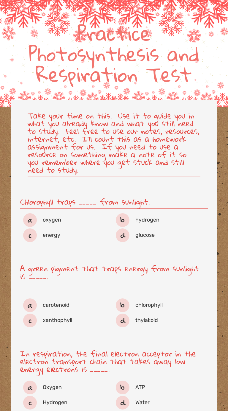 Practice Photosynthesis and Respiration Test | Interactive Worksheet by ...