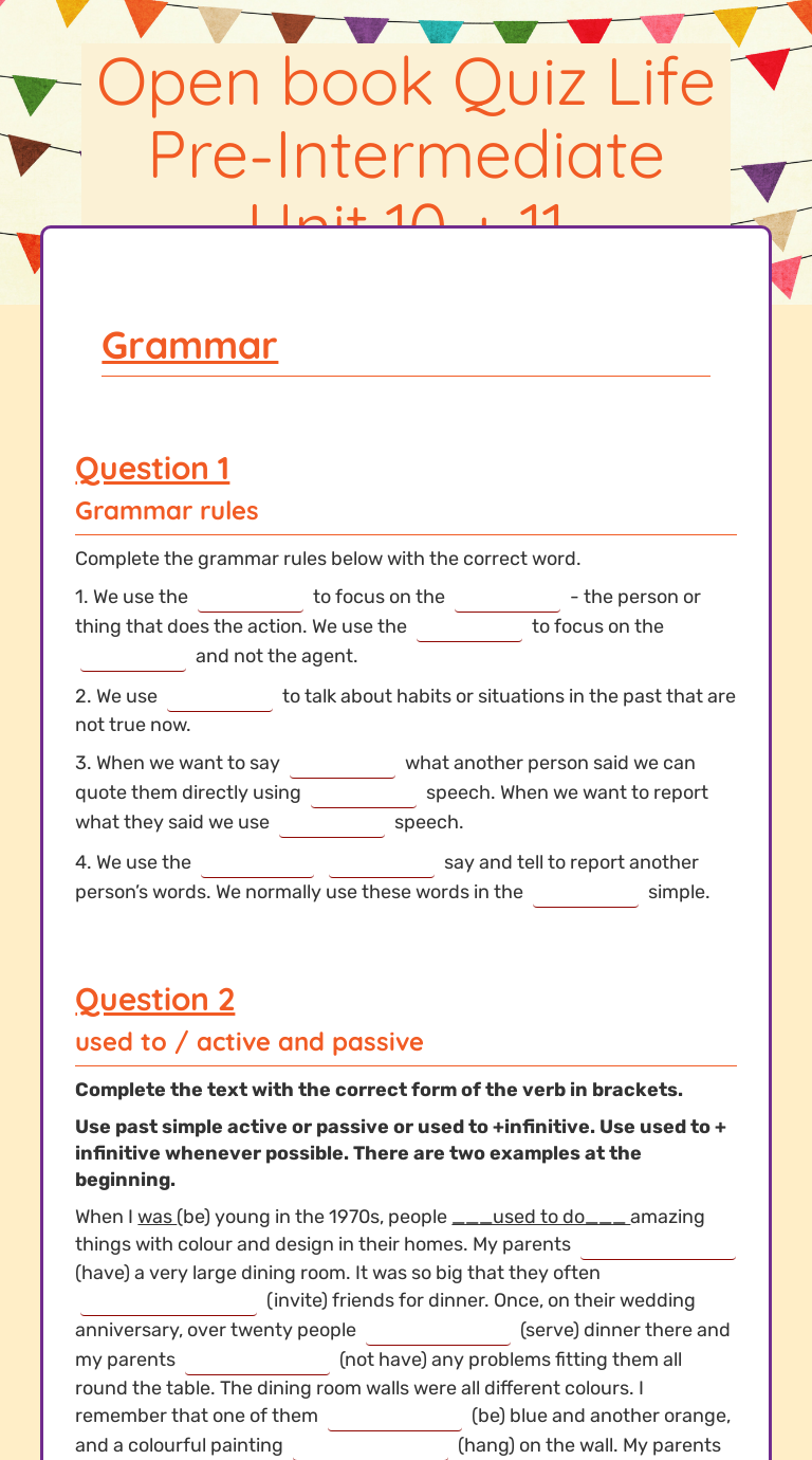 Open Book Quiz Life Pre Intermediate Unit 10 11 Interactive Worksheet By Z K Van Ommeren Wizer Me