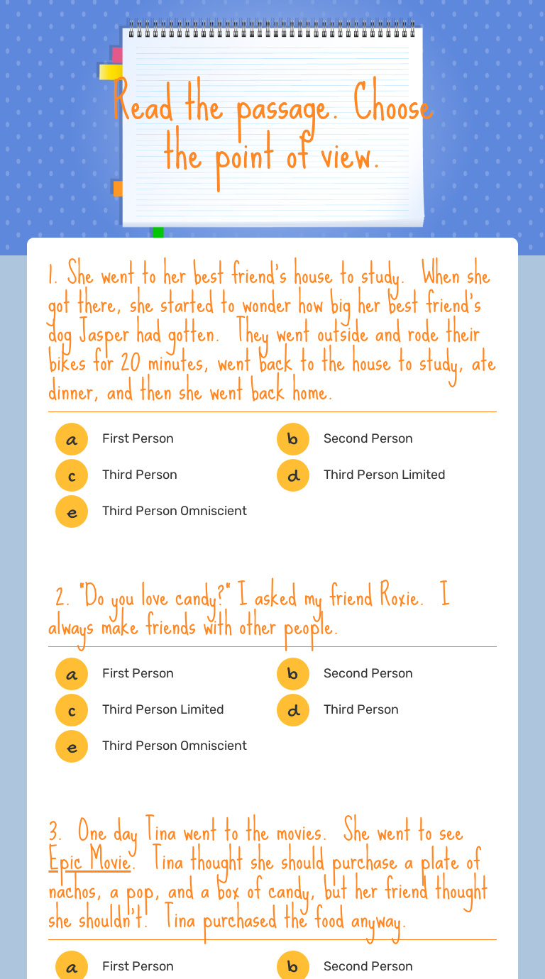 Read the passage.  Choose the point of view. worksheet preview image