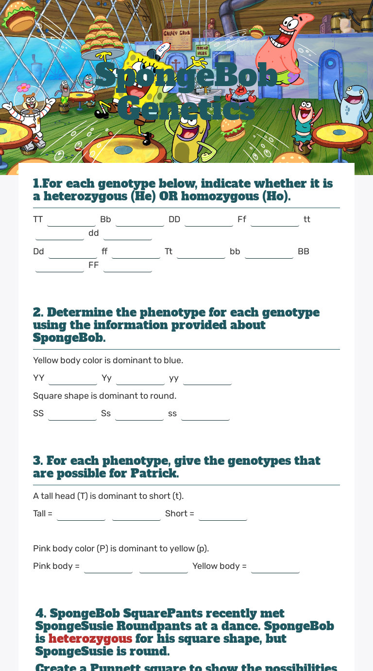 Spongebob Genetics Interactive Worksheet By Latoya Mann Wizer Me