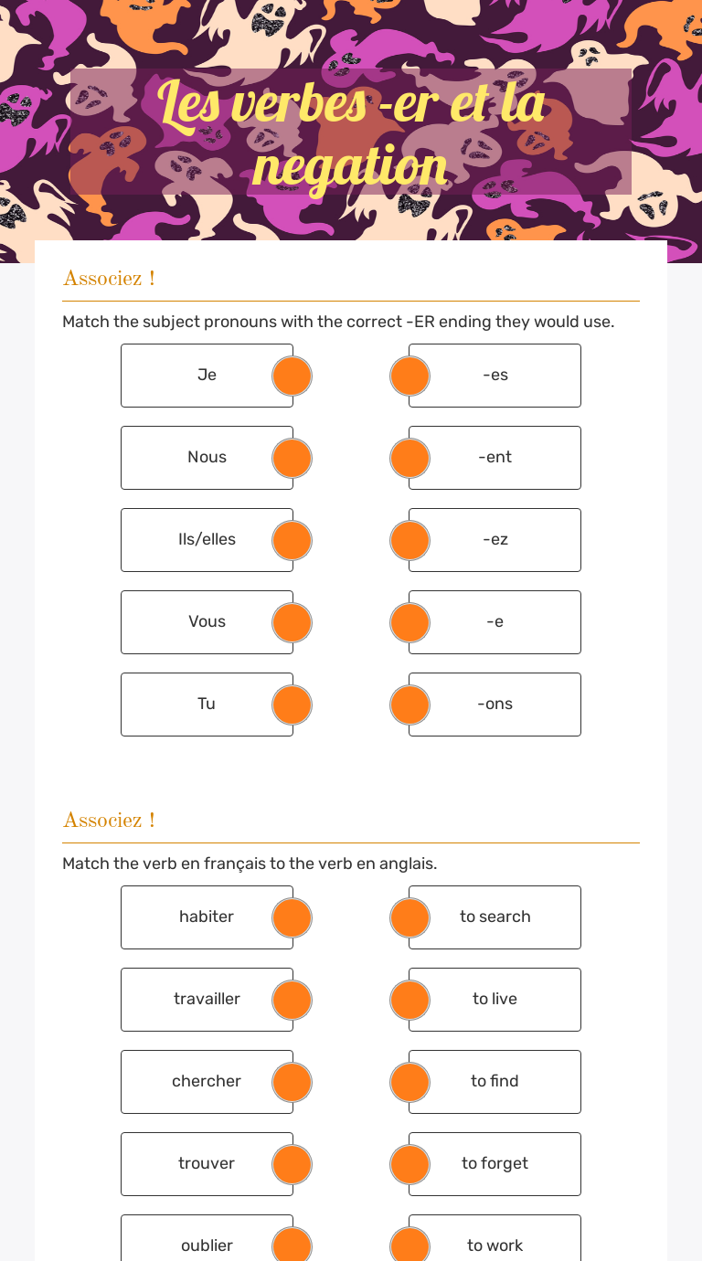 Les verbes -er et la negation Grade 8 worksheet preview