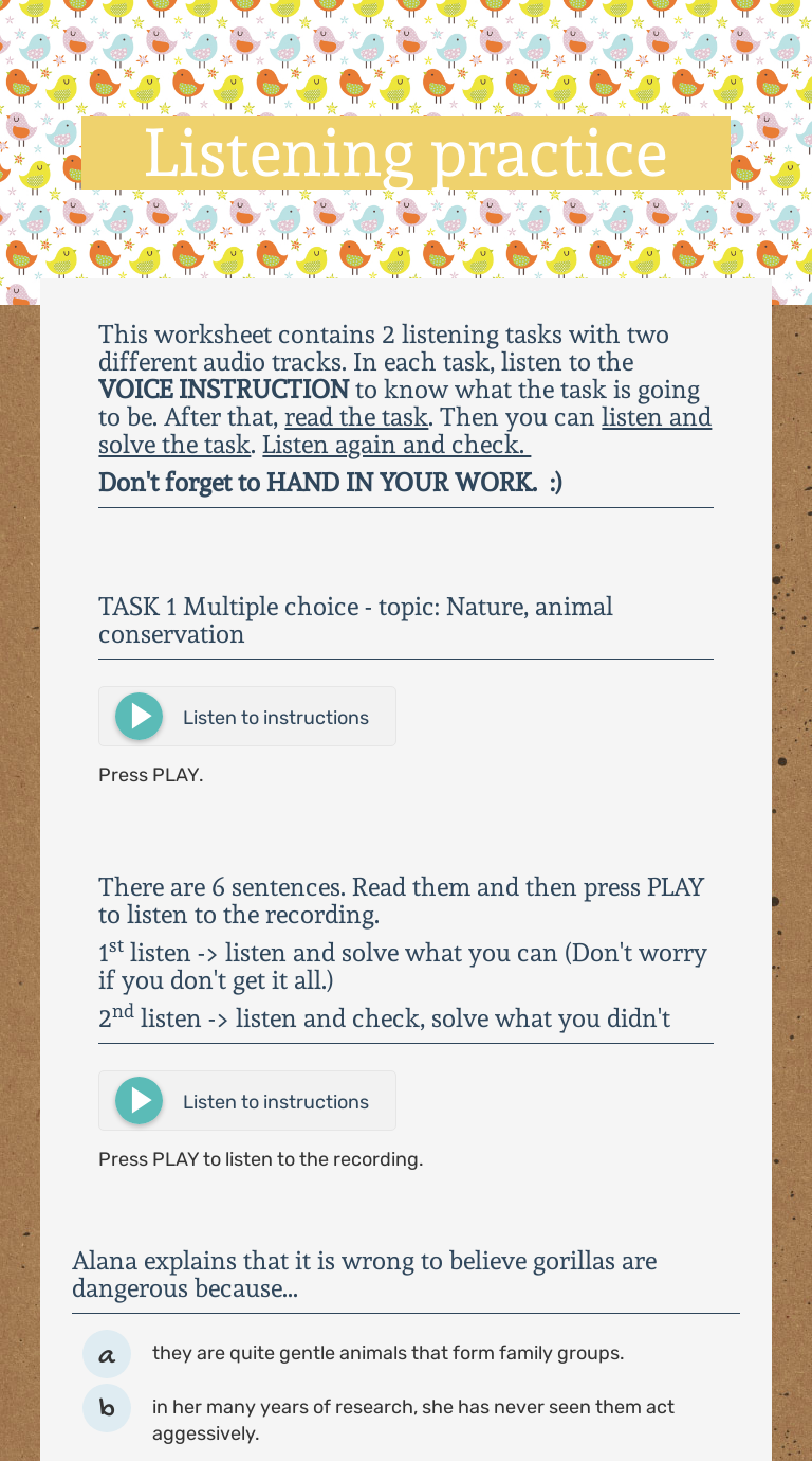 Listening practice worksheet preview image