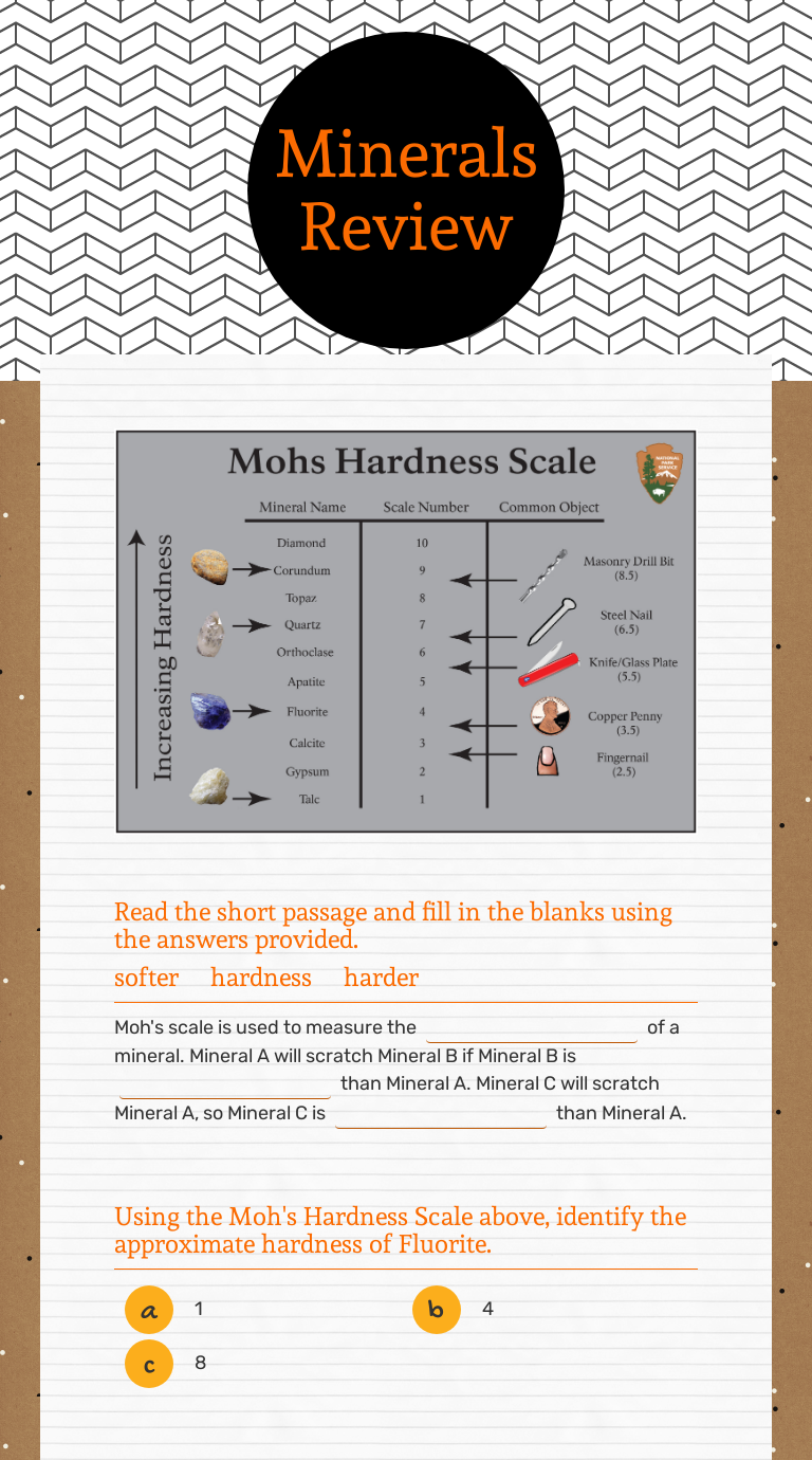 Minerals Review  Interactive Worksheet by Tiffany Fortner  Wizer.me With Regard To Mohs Hardness Scale Worksheet
