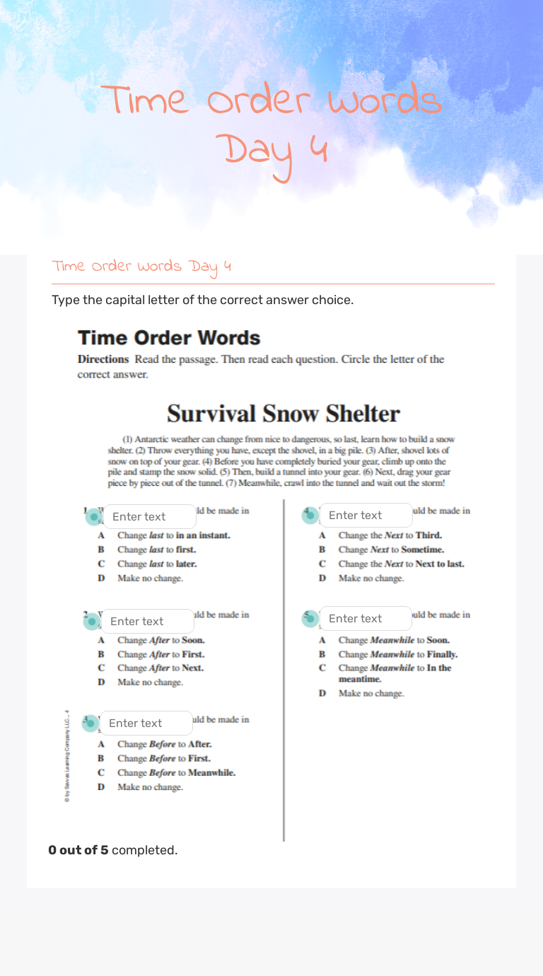 Time Order Words Day 4 Grade 4 worksheet preview