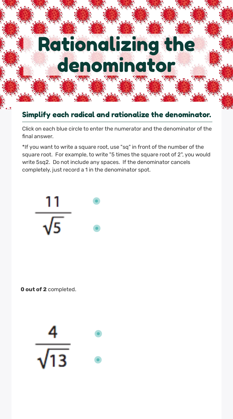 Rationalizing the denominator  Interactive Worksheet by Alissa Intended For Rationalizing The Denominator Worksheet