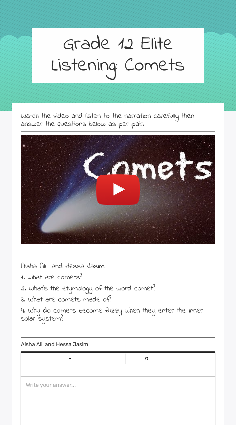 Grade 12 Elite   Listening: Comets worksheet preview image