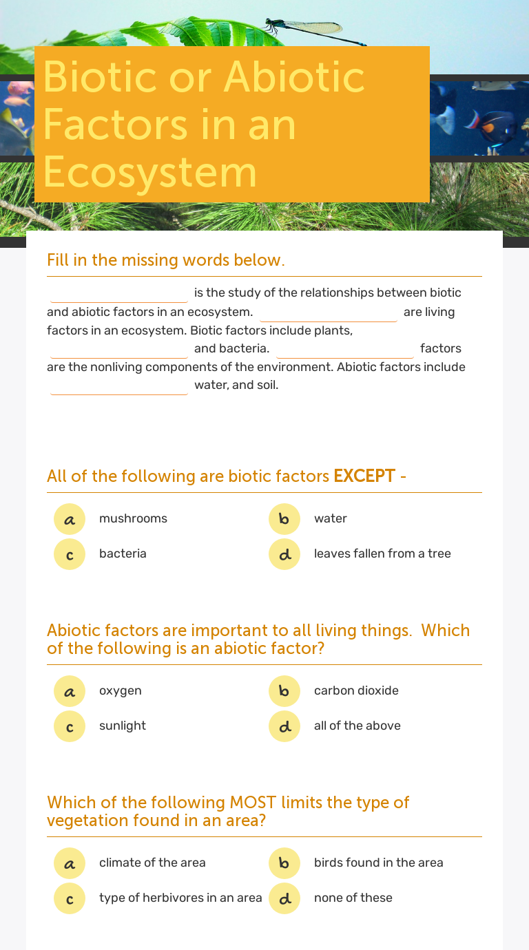 Biotic or Abiotic Factors in an Ecosystem Interactive Worksheet by Danielle Whyte Wizer.me