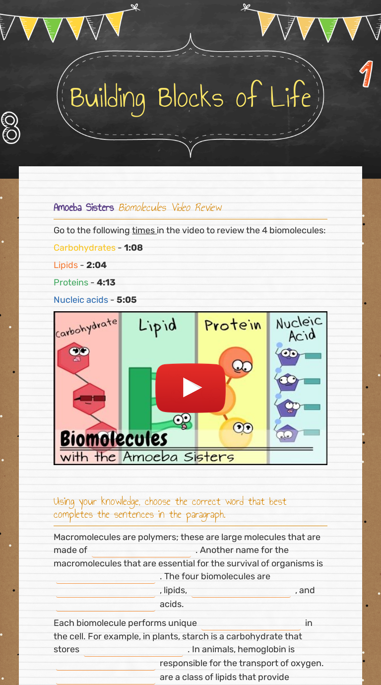 Building Blocks Of Life Interactive Worksheet By Jenniffer Riley
