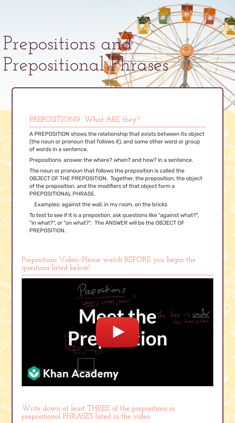 Prepositions and Prepositional Phrases Grade 4 worksheet preview