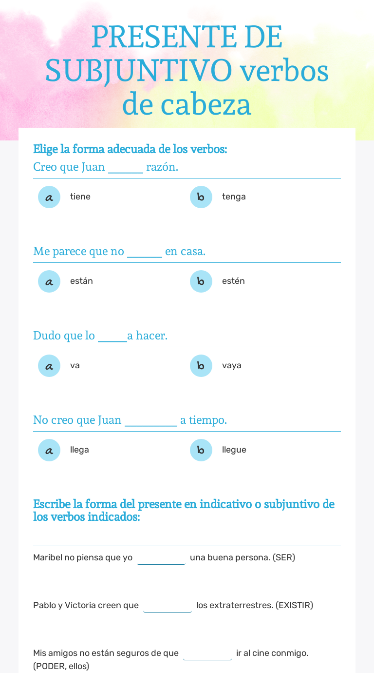 Presente De Subjuntivo Verbos De Cabeza Interactive Worksheet By