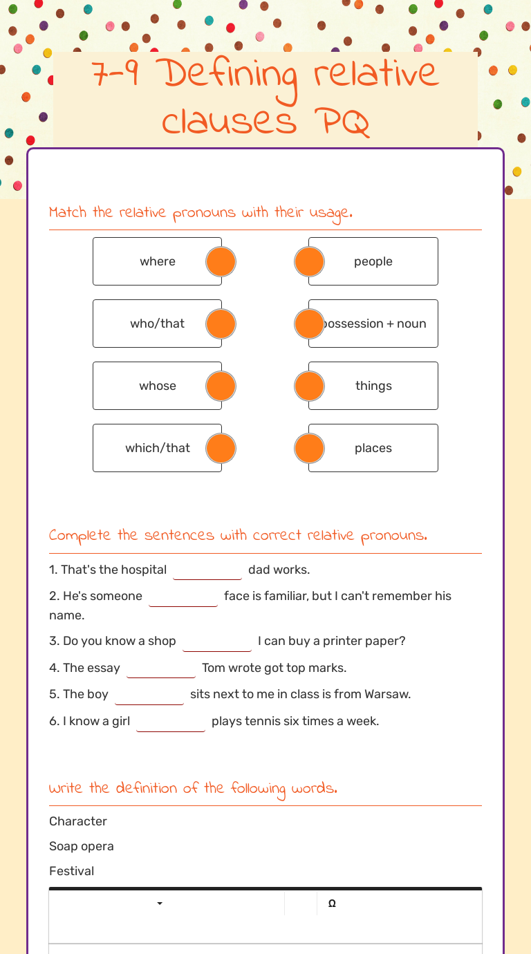 7-9 Defining relative clauses PQ worksheet preview image