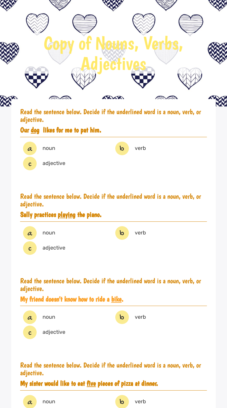 Copy of Nouns, Verbs, Adjectives Interactive Worksheet by Heather