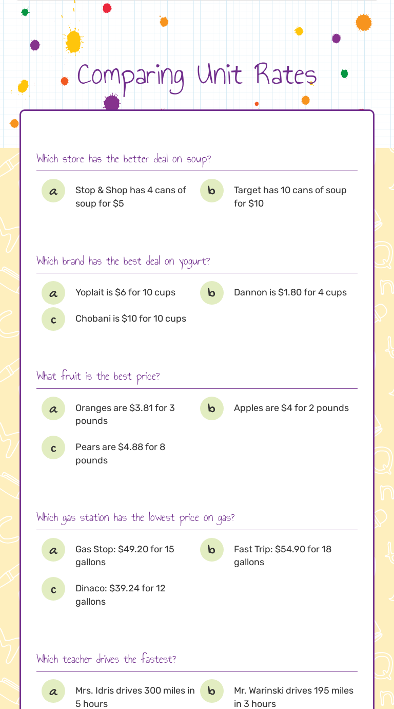 Comparing Unit Rates by Jeffrey White | Interactive Worksheet | Wizer.me